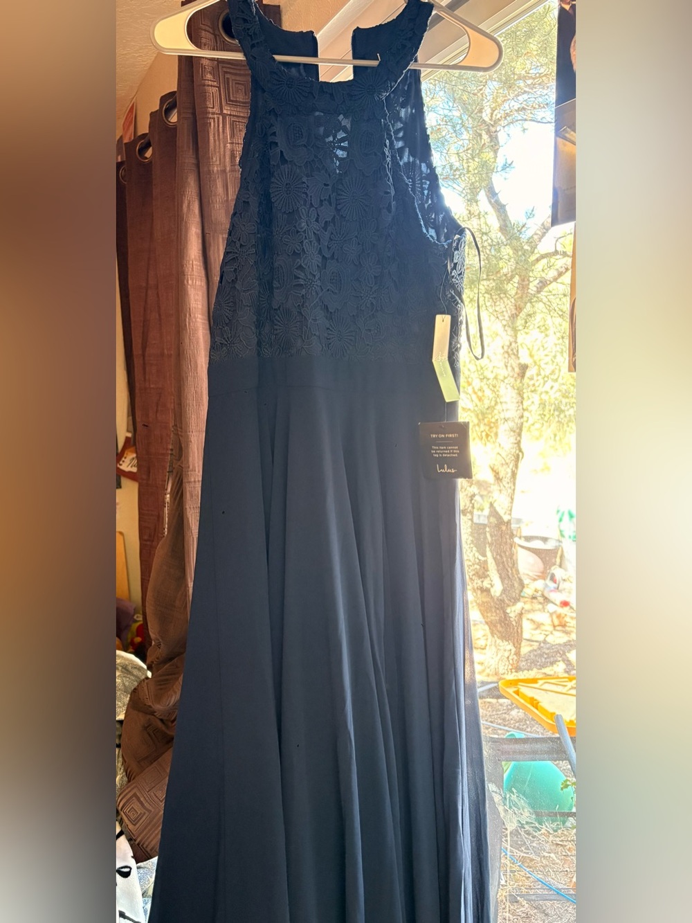 Lulu's Navy Blue Lace Bodice A-Line Prom Dress